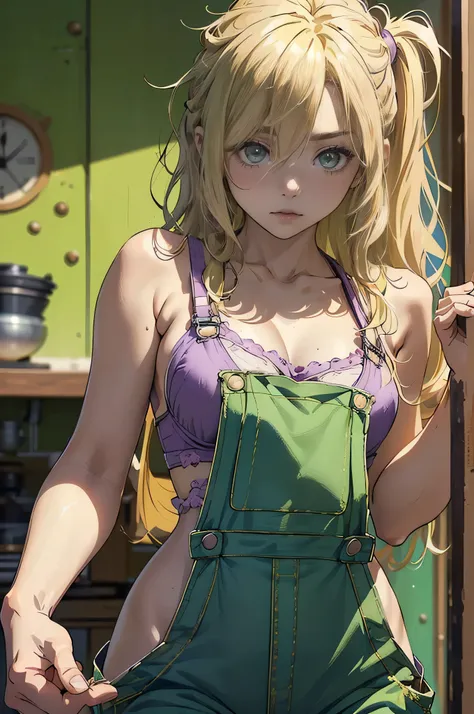 (Disheveled Hair), ((1 female,Blonde long-haired,Kung Fu Master, Pastel Green,Wearing work overalls, The top half of the work overalls is off., Purple gorgeous detailed bra, Sensual,))