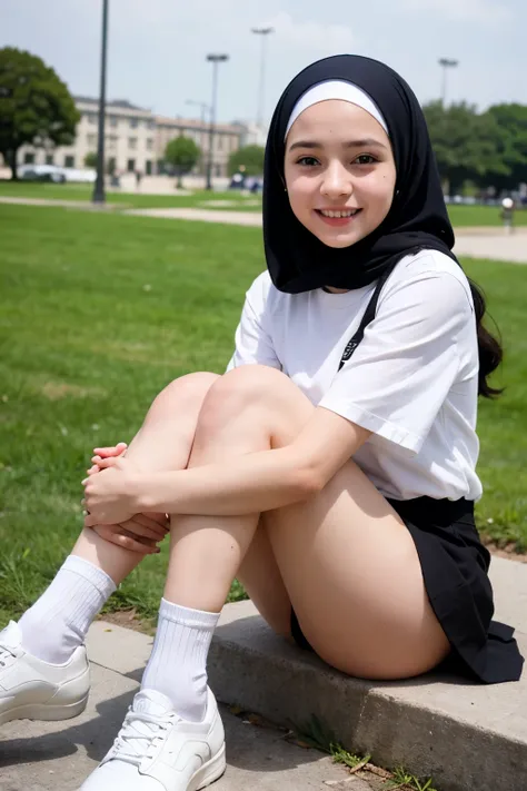 10 years old turkish girl wearing hijab white shirt black loose mini skirt long and beautiful legs white long socks black shoes very beautiful smiling sweet girl in the park high hd image quality