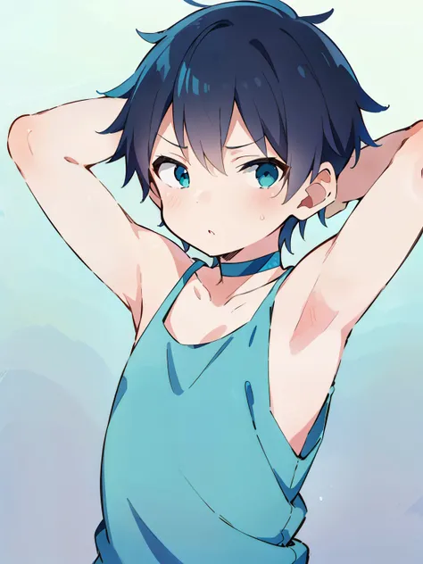 Highres, Masterpiece, Best quality at best,Best Quality,hight quality, hight detailed, 1boy, Shota, Cyan, Choker, Tank top, (very young boy), (very small and short body), 12-year-old boys, (Showing armpit:1.3), Simple beckground, Little sweat,