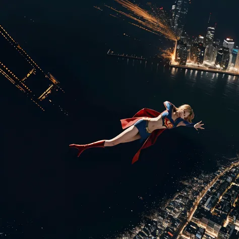 Supergirl looks down on a aftermath of a bombing raid on a city、(Flying Supergirl)、The City Where the Light Died、Burnt area、Supergirl inspects the damage from above、Supergirl checks out the city&#39;s vandals、(The city&#39;s destroyer is a giant monster)、