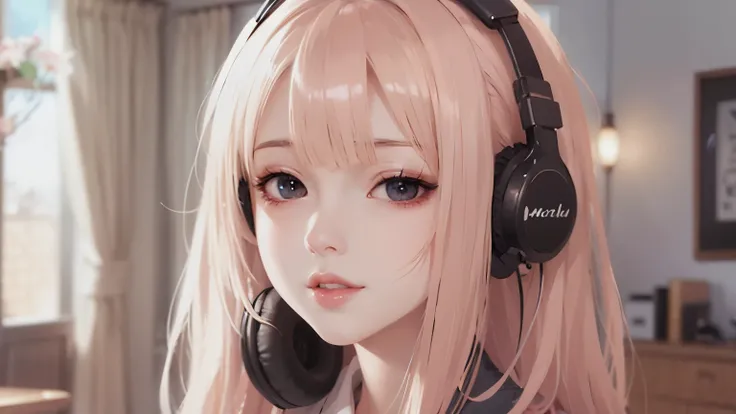 anime girl with headphones and pink hair in a room, anime style 4 k, cute anime girl, anime style. 8k, beautiful anime girl, anime girl, portrait anime girl, extremely cute anime girl face, anime wallpaper 4k, anime wallpaper 4 k, 4k anime wallpaper, cute ...