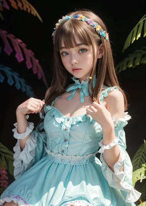 psychedelic world、lolita fashion、two cute girls、playing、18-year-old girl、big eyes、small breasts、light brown hair、colorful gel ba...