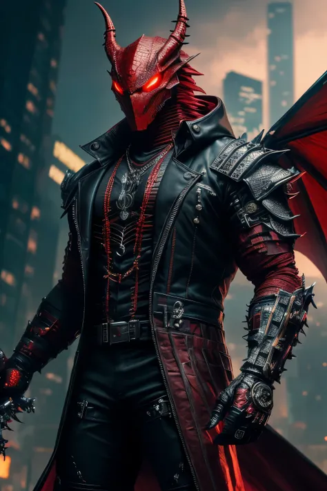 (extremely detailed 8k wallpaper), a medium shot photo of red cyberpunk Grim dressed as a dragon in a suit made of metal from marvel, horror theme, intricate, high detail, dramatic