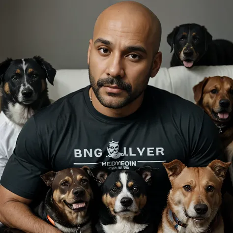 Homem careca com barba grande, sem oculos, vigilante shirt with several dogs on the side, olhos atento 