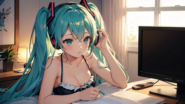 Hatsune Miku in a swimsuit studying in her room while listening to music with headphones、Warm lighting、Outside the room is a night view、Japanese anime style