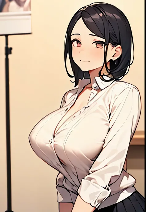 (High sound quality,4K,8k,High resolution,masterpiece:1.2),(Very detailed,reality,real:1.37), Draw the eyes in detail, Highly detailed description beak 唇 crossdressing male office lady,Black Hair,Baby Face,Big Breasts,blouse,Flared skirt cleavage