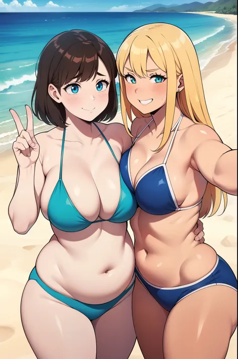 ((highres)), Masterpiece, high quality, best quality, beautiful, perfect lighting, detailed face, ultra cute face, ((2girls)), ((girls A and B)),

Girl A has short brown hair, green eyes, green bikini, medium breasts, wide hips, thick thighs, chubby, chubb...