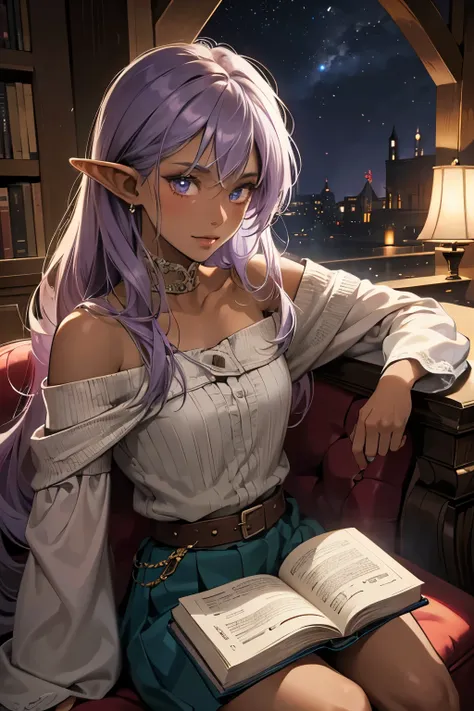 (absurdres, highres, ultra detailed),Masterpiece,intricate details,Best quality,8k,Realistic face,Realistic skin texture,magnified textures, stunning clarity, anime girl,kind girl,ultra detailed eyes and faces,(elf ears),(dark skin:1.5),light purple hair,l...