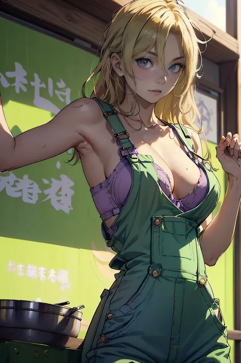 (Disheveled Hair), ((1 female,Blonde long-haired,Kung Fu Master, Pastel Green,Wearing work overalls, The top half of the work overalls is off., Purple gorgeous detailed bra, Sensual,)),NSFW, Provocative,