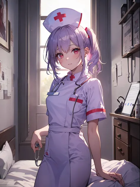 Realistic,highest quality, Ultra Detail, High-quality CG rendering, The most delicate and beautiful, Floating softly, High resolution, (1 girl), (Highest quality,4K,8K,masterpiece:1.2), Light purple hair,Long Hair,Red eyes,Rabbit,Bunny ears,(Nurse cap:1.5)...