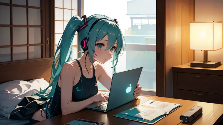 Hatsune Miku in a swimsuit studying on a laptop in her room while listening to music on headphones、Outside the room is a night view、Japanese anime style