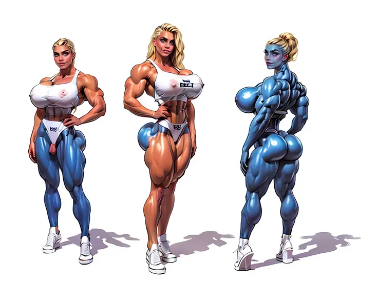 ((masterpiece)),(((best quality))), ((full body view)) illustration,1girl, ((((Massive Female Bodybuilder)))), (((huge muscular ass))), ((wide hips)), (slim waist), (((wide shoulders))), ((((Huge breasts)))), The Smurfs in background, ((blue skin:1.2)), li...