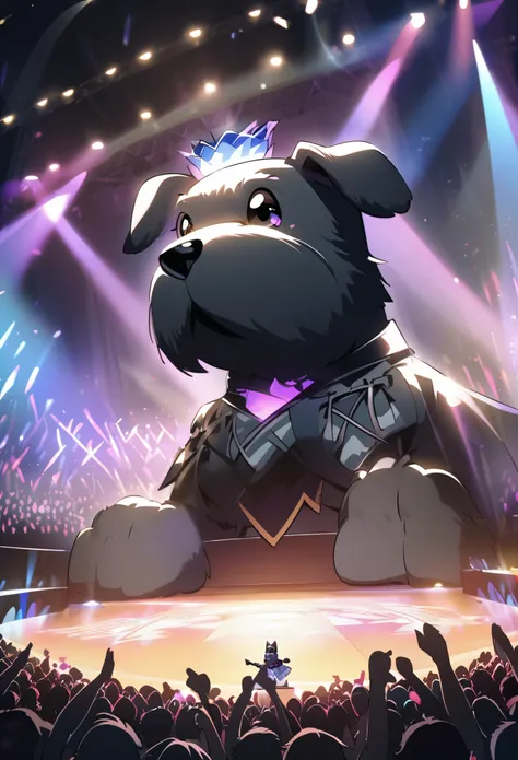 （Charismatic man with a top knot, On a lively stage, Captivate the crowds with an impressive light show）Vocalist Male Cartoon、Anthropomorphic Scottish Terrier Dog