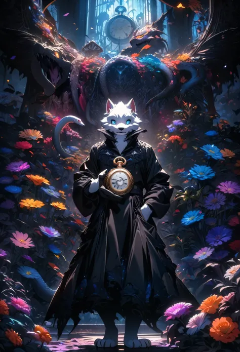 (best quality, high resolution, ultra-detailed)silhouett(kemono, furry anthro)holding striking pocket watch, surrounded by flowers, snakes and darkness, illustrative rendering, intricate details, mysterious atmosphere, vibrant colors, dynamic lighting , Go...