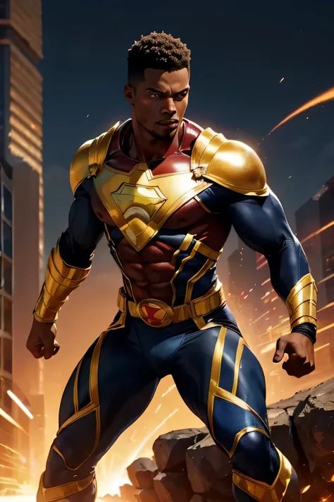 "(melhor qualidade, Altas, realistic:1.37), black MALE superhero with power, tema prata, roupas de cor prata(Cinza) (cor) luz emitida pelos olhos dela, trunk, hands, and feet, cores vibrantes, Pose forte e confiante, Dynamic background"