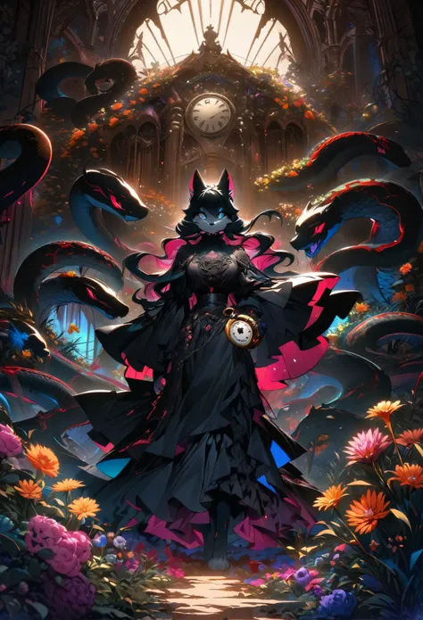 (best quality, high resolution, ultra-detailed)silhouett(kemono, furry anthro)holding striking pocket watch, surrounded by flowers, snakes and darkness, illustrative rendering, intricate details, mysterious atmosphere, vibrant colors, dynamic lighting , Go...