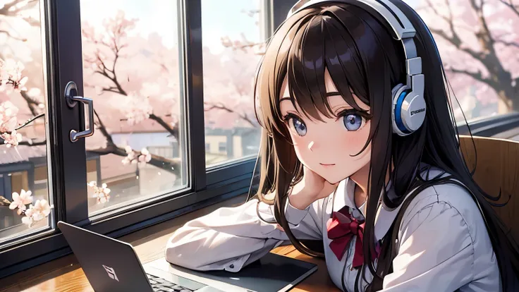 Girl studying on laptop in library　headphone　coffee　Cherry blossoms in the window
