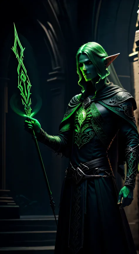 elf necromancer, with his intricately green-lit features, stood proudly, staff in hand. five elongated fingers of his left hand ...