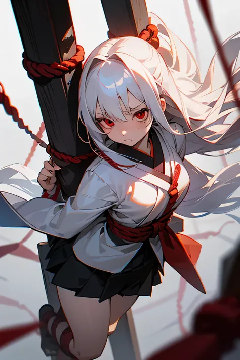 White Hair Girl、Long Hair、Red eyes、Tie 1&#39;Tie 1&#39;Tie one&#39;s waist tightly with a rope、look at me、Squint your eyes、Disgusted face、Japanese style、Short skirt、Tied up with rope、The body is tied up、to be crucified