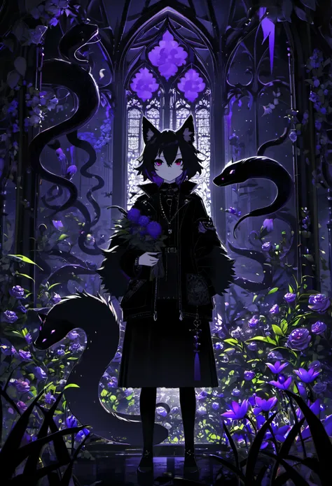 (best quality, high resolution, ultra-detailed)silhouett(kemono, furry anthro)holding striking pocket watch, surrounded by flowers, snakes and darkness, illustrative rendering, intricate details, mysterious atmosphere, vibrant colors, dynamic lighting , Go...