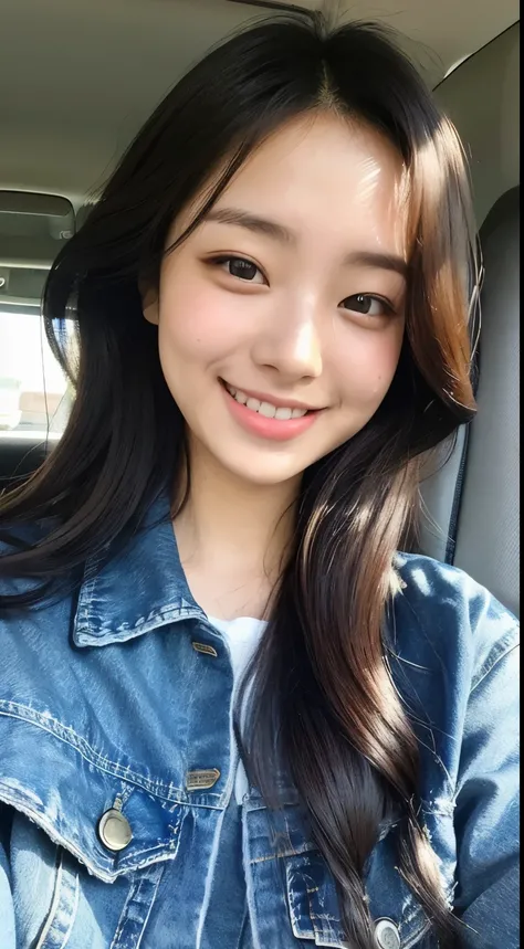 Best quality, smiling Japanese woman, selfie while driving, curly hair, casual denim jacket, bright daylight