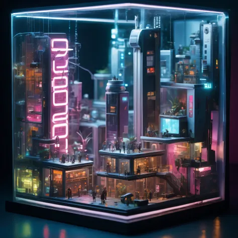 a cyberpunk city in a glass enclosure,  isometric style, miniature scenes,miniatur woman wearing cyberpunk fashion.