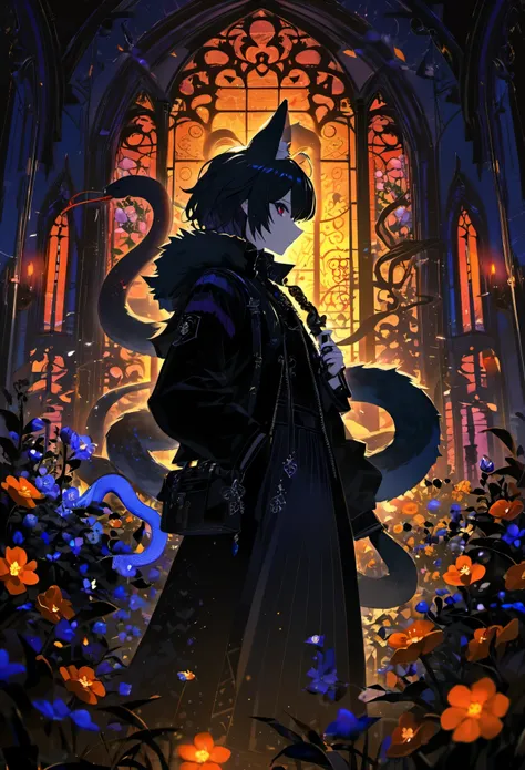 (best quality, high resolution, ultra-detailed)silhouett(kemono, furry anthro)holding striking pocket watch, surrounded by flowers, snakes and darkness, illustrative rendering, intricate details, mysterious atmosphere, vibrant colors, dynamic lighting , Go...