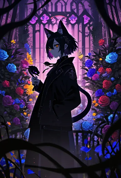 (best quality, high resolution, ultra-detailed)silhouett(kemono, furry anthro)holding striking pocket watch, surrounded by flowers, snakes and darkness, illustrative rendering, intricate details, mysterious atmosphere, vibrant colors, dynamic lighting , Go...