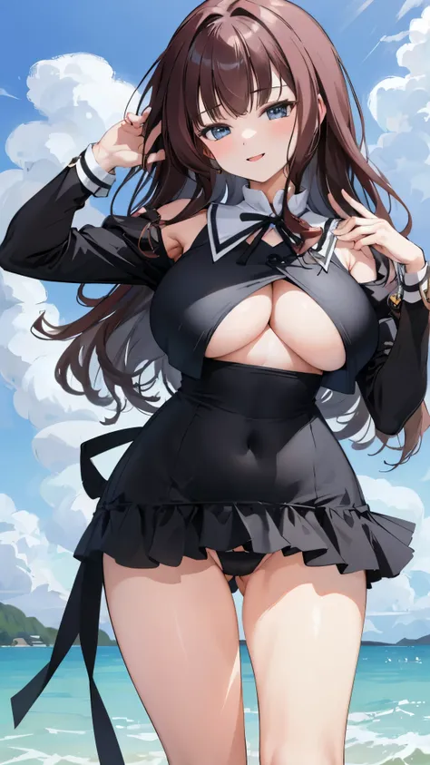 masterpiece, highest quality, Disorganized, Perfect Anatomy, Kaede Joanne Nouvel, Long Hair, smiling , (((busty))), ,1girl, large breasts , sensual body, Her cheeks flushed, vaginal secretions , black hair, micro bikini , , swim suit , beach ,