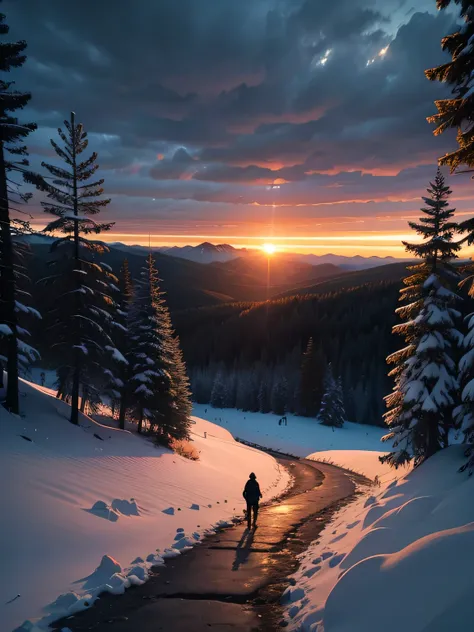 people hiking on the mountain, The sky is cloudy., sunset, Some pine trees, black background