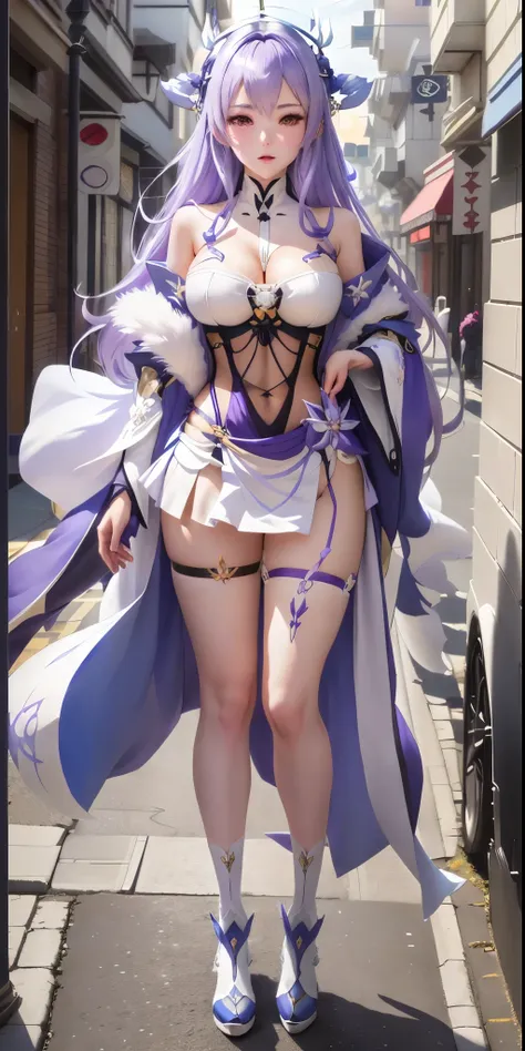 Anime girl in a white top and blue skirt walking on the street, Full body purple and white cloak, Ayaka Genshin Impact, full body white purple cloak, full body xianxia, Azure Lane style, anime goddess, Chest covered with fur, The chest is covered with scal...