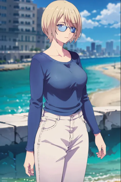 1 girl, Mature Woman,Blonde Short Hair、Casual clothing、Wearing sunglasses、Blue sweater、Long trousers、bow, highest quality, hire, Detailed face, Coastal、Pose on the beach、 Detailed Background, Written boundary depth, Bokeh
