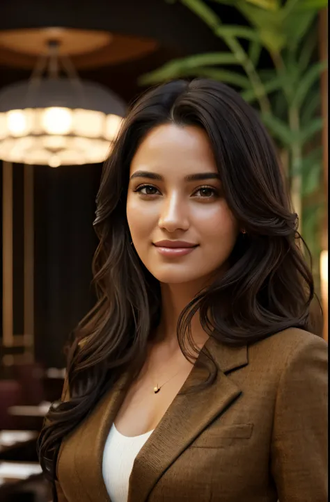 1 adult female, Long hair, curls, Black hair color, Smooth skin, Brown eyes, Smile, vegetation, accidental, businesswoman style clothes, light brown blazer, Realist, High-end restaurant background, 8k super Realist, super detalhado e Realist