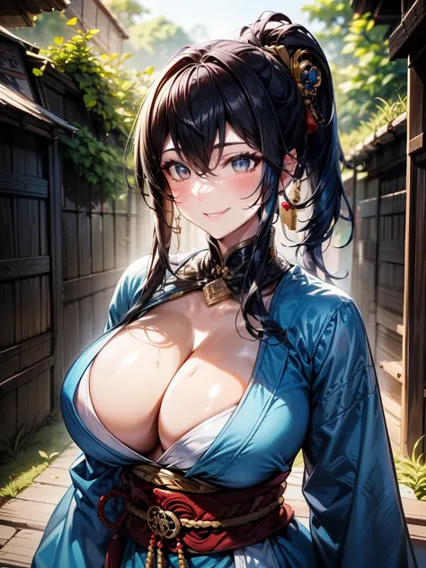 {{{masterpiece}}}, {{{best quality}}}, {{ultra-detailed}}, {cinematic lighting}, {illustration}, {beautifuly detailed eyes}, {1girl}, extremely detailed, 1girl, solo,  A beautiful samurai warrior, blue hair in a long ponytail, wearing gold and blue kimono,...