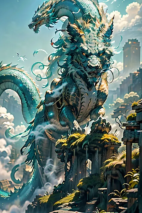 A majestic dragon, its iridescent scales shimmering in the sunlight, soars gracefully through the vast, azure sky. Its powerful wings beat rhythmically against the wind, creating gusts that rustle the leaves of the trees below. The dragons long, serpentine...