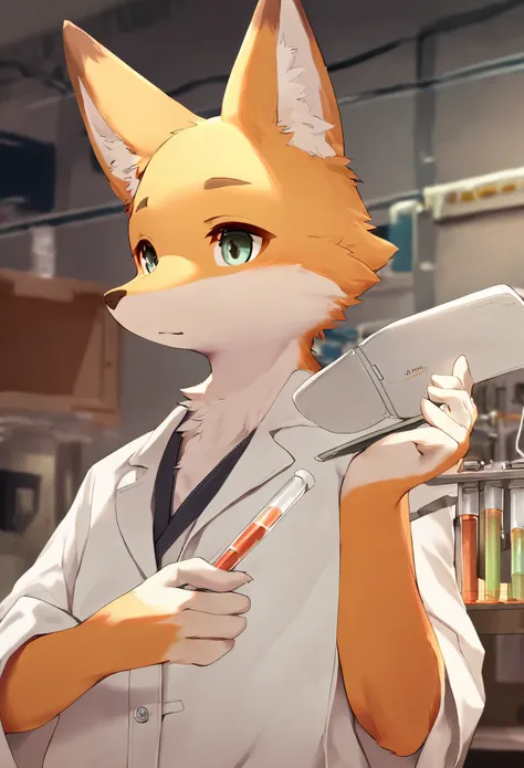 top quality, best quality, masterpiece, super high resolution, detailed background, laboratory(highly detailed beautiful face and eyes)absurdres, perfect anatomy(handsome 1boy, kemono, solo focus, labo coat)(furry)(furry anthro:1.7)(Furry body, fox facial ...