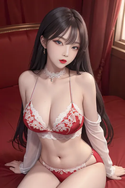 high quality image、Raw photography、high detail、20-year-old cool Korean、big round chest、red lace underwear、Beautiful Eyes of Details、very elongated eyes、Beautiful eyelashes、Beautiful double eyelids、eyeshadows、Nipple Ring, indoor