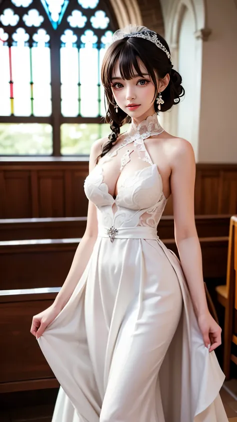 （Very delicate and beautiful：1.2）Supermodel,,Big Breasts,Beautiful breasts,Tight waist、Small Ass、,highest quality, High resolution, 8k,, High resolution, highest quality, Tabletop, 超High resolution, anime,  At church、wedding ceremony、Girl in wedding dress ...