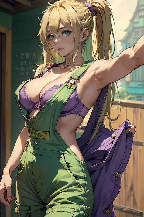 (Disheveled Hair), ((1 female,Blonde long-haired,Kung Fu Master, Pastel Green,Wearing work overalls, The top half of the work overalls is off., Purple gorgeous detailed bra, Sensual,)),NSFW,