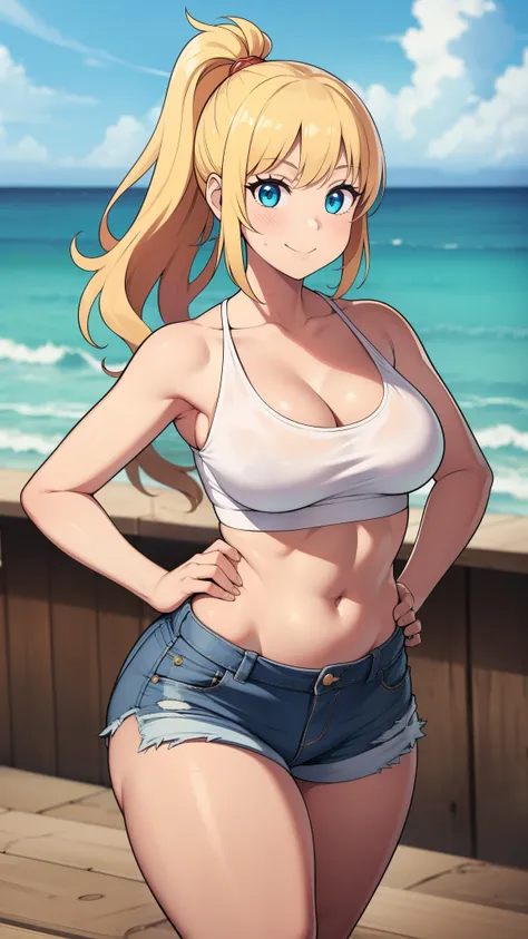 ((highres)), Masterpiece, high quality, best quality, beautiful, perfect lighting, detailed face, ultra cute face, looking at viewer, ((1girl)), ((solo)), full body, cowboy shot, 

long blonde hair, ponytail, blue eyes, crop top, jean shorts, cleavage, med...