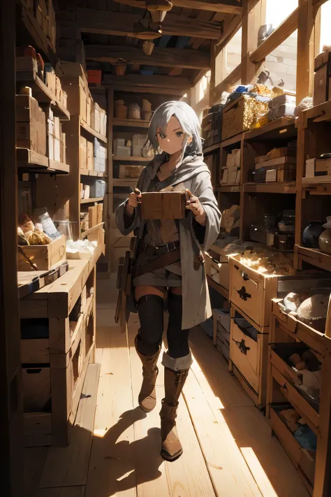 Rogue smuggler Artificer, grey wizard robes with artificer gear, cave with wooden crates filled with magical ingredient and artifacts, magic store.