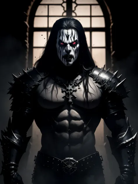 (masterpiece, best quality:1.2), (((1man, male))) , solo, highres, best quality, Half body shot of a strong Man, pale white skin angry man with (((black metal corpsy paint))), ((Angry face)) , heavy White and Black face paint, wearing a black and silver ar...