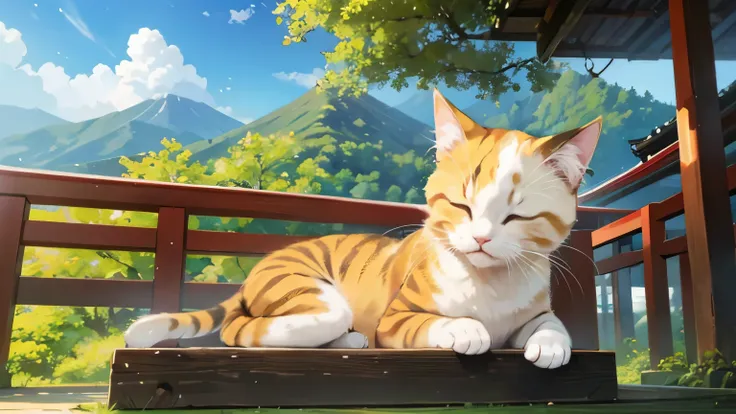 sleeping Japanese cat which is calico, Yakushima, sunny sky, Japanese anime style