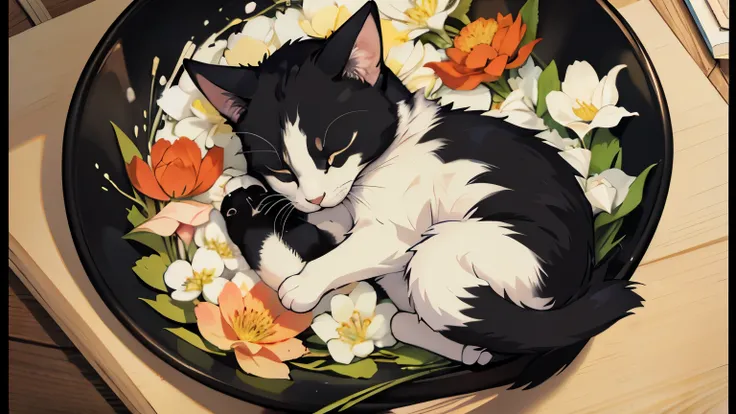 Sleeping cat which is a Black Japanese Bobtail, Spring, Edo city, 8k, Japanese anime style