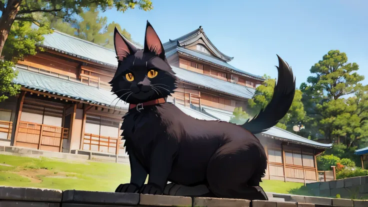 Black Japanese Bobtail, Spring, Edo city, Japanese anime style