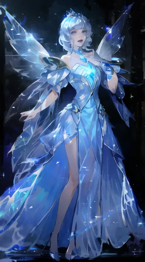 Exquisite facial features，One wearing a blue dress、Close-up of a woman with fairy wings, Celestial Fairy, dreamy dress, Ethereal Wings, Magic dress, Ethereal fairy tale, Smile like a fairy king, Star witch clothes, Ethereal fantasy, ethereal essence, Flowi...