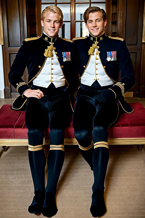 full view full body, Two Young and handsome blond cavalry officers resting on a velvet bench in their long black socks, smiling and showing off their black socked feet, dressing room in a ancient manor