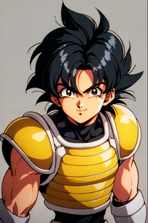 retro artstyle, 1990s, masterpiece, best quality, cel shaded, bright colors, 1boy, solo, male focus, young boy, short black hair, messy hair, black eyes, youthful smile, healthy complexion, strong frame, white saiyan armor, black bodysuit, looking at viewe...