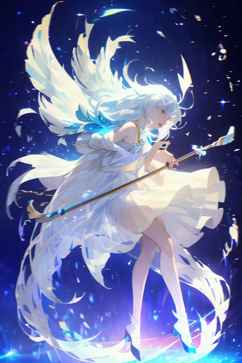 Anime girl with long white hair and blue skirt in the snow, White-haired deity, White hair floating in the air, Anime Fantasy Illustration, Flowing white hair, Beautiful young wind elf, Beautiful fantasy anime, shiny flowing hair, Ethereal Anime, beautiful...