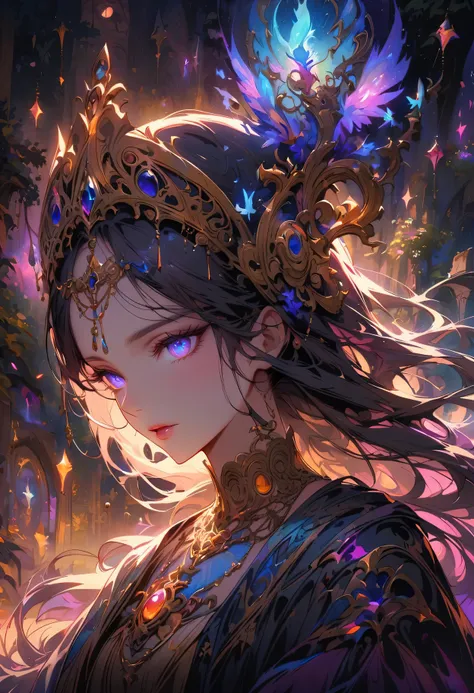 dark elf, priestess, golden jewelry, intricate details, mystical atmosphere, glowing eyes, ethereal beauty, delicate features, flowing hair, majestic headdress, ornate necklace, intricate bracelets, ancient symbols, shimmering staff, mysterious aura, moonl...